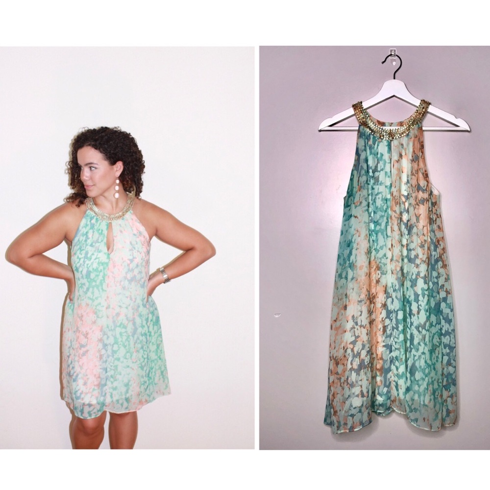 Vince Camuto Halter Gold neck W/Aqua print - Picture 1 of 8